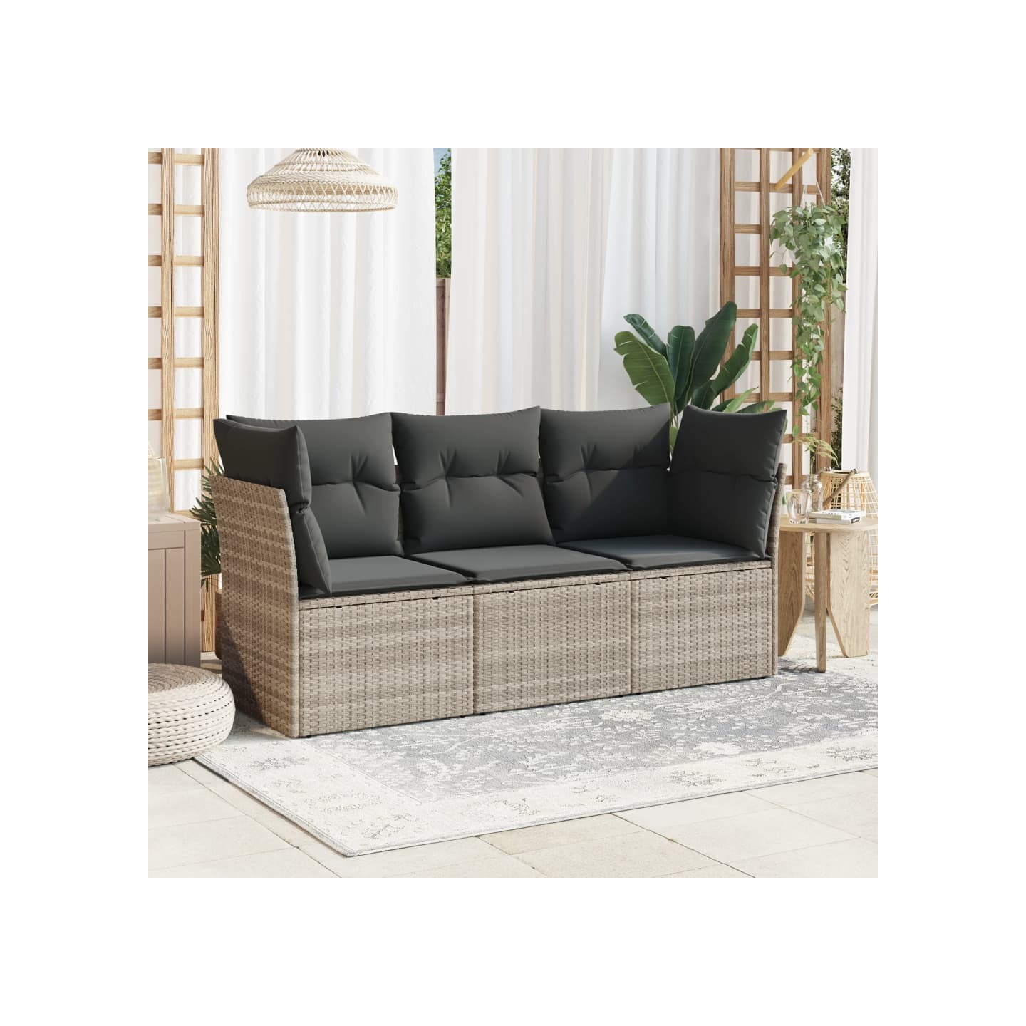 Salon de jardin avec coussins 3 pcs gris clair résine tressée