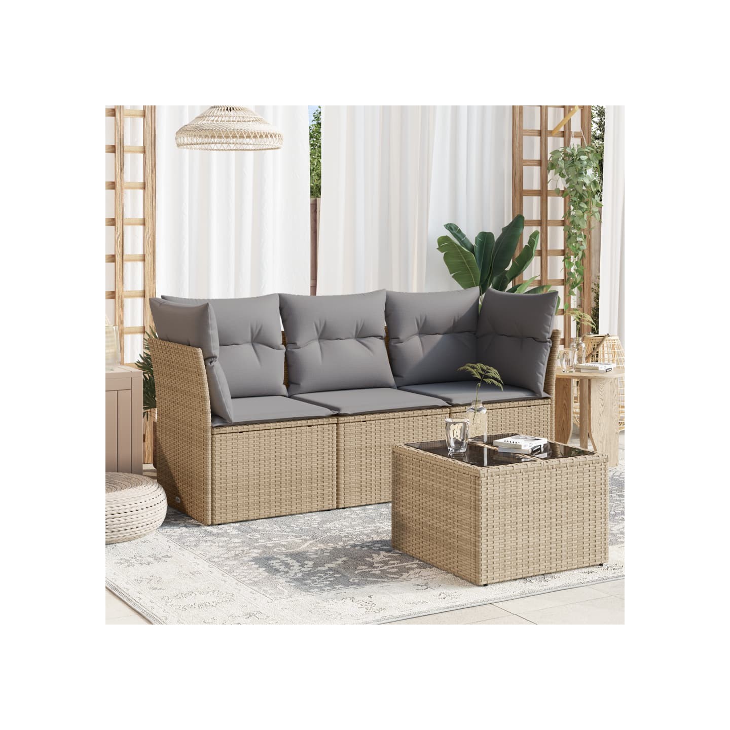 Salon de jardin avec coussins 4 pcs beige résine tressée