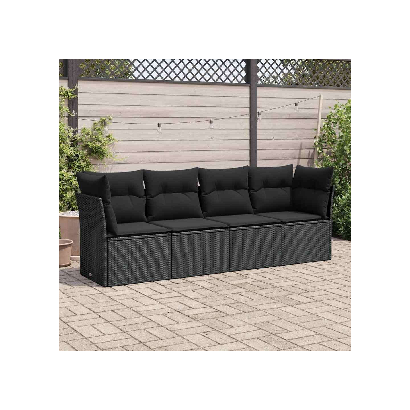 Salon de jardin 4 pcs avec coussins noir résine tressée