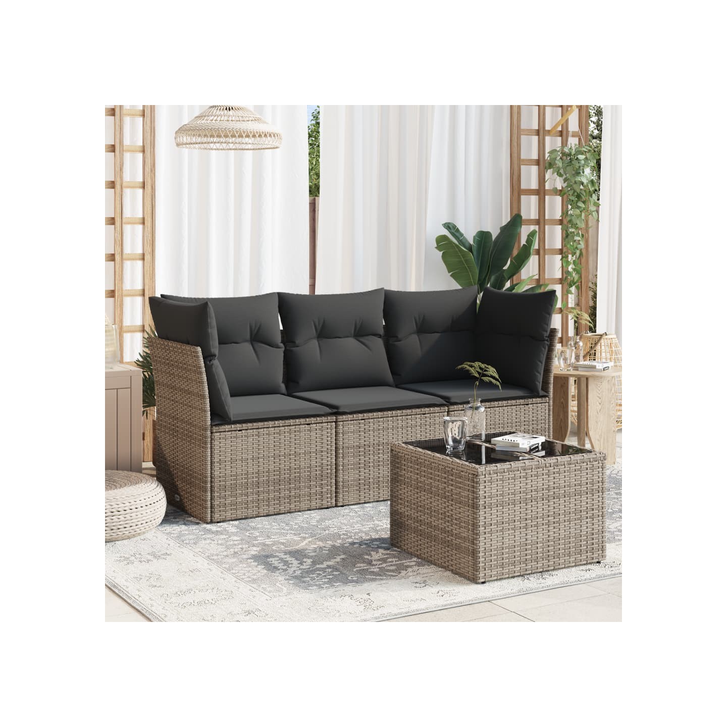Salon de jardin 4 pcs avec coussins gris résine tressée