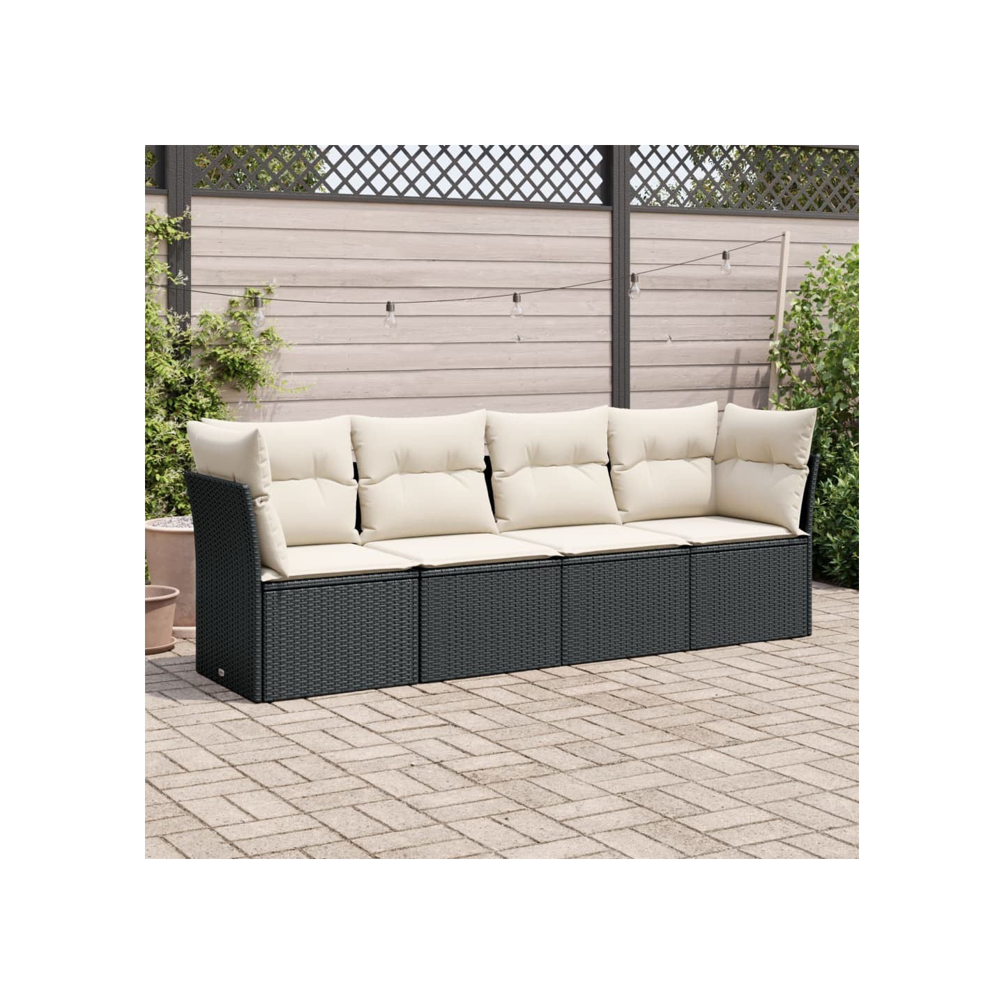 Salon de jardin 4 pcs avec coussins noir résine tressée