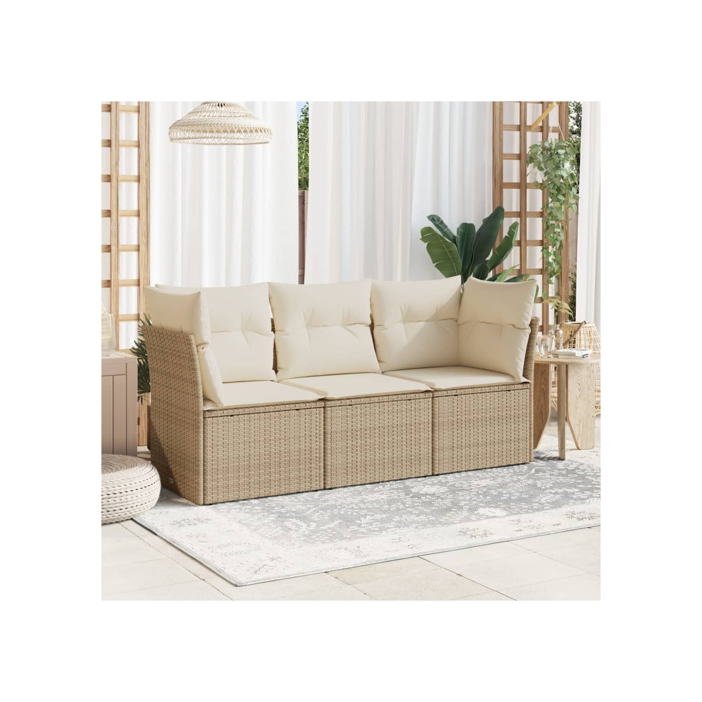 Salon de jardin avec coussins 3 pcs beige résine tressée