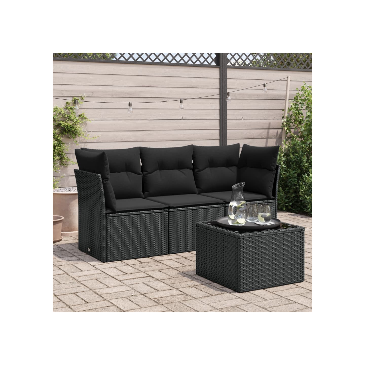 Salon de jardin 4 pcs avec coussins noir résine tressée