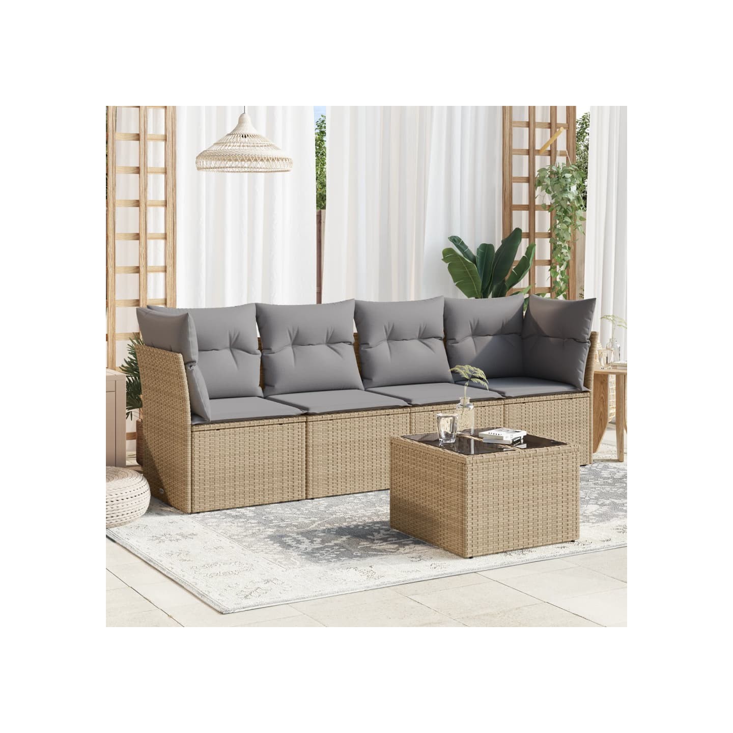 Salon de jardin avec coussins 5 pcs beige résine tressée