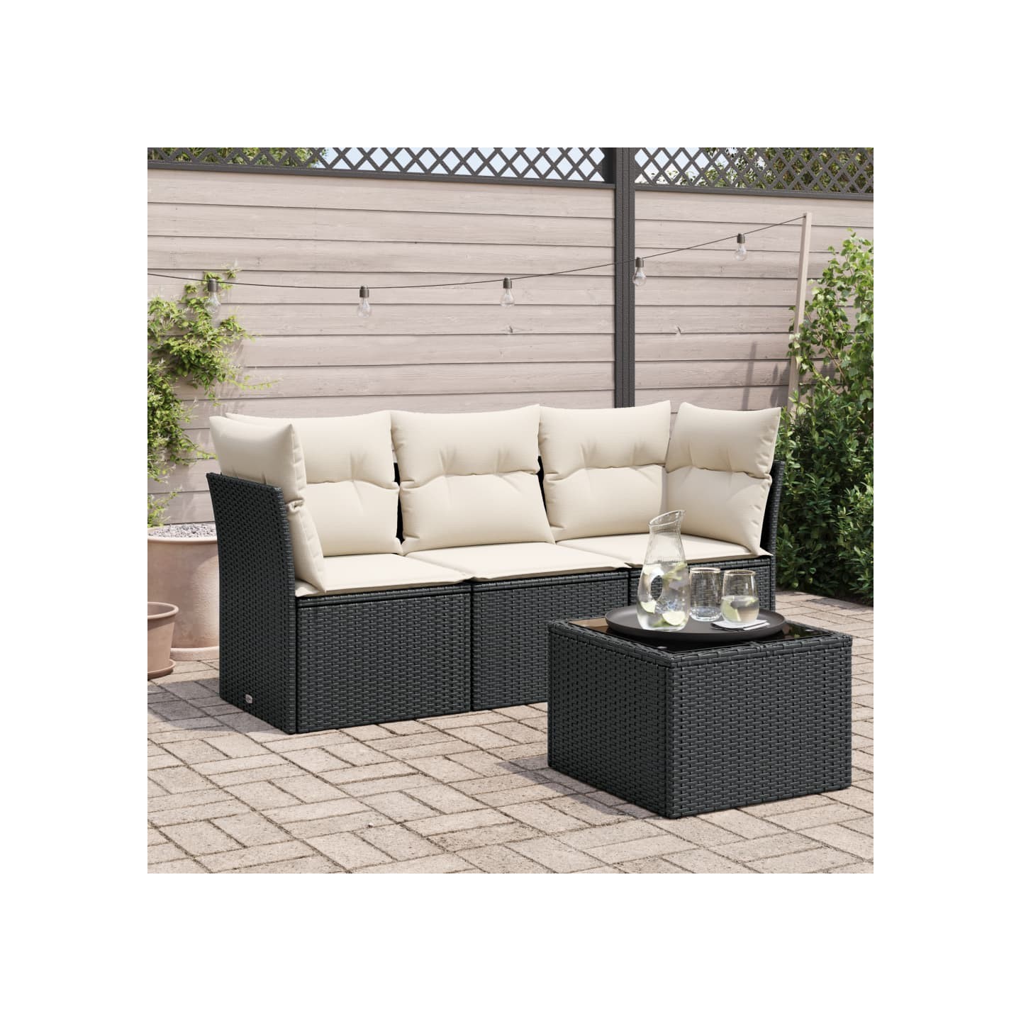 Salon de jardin 4 pcs avec coussins noir résine tressée
