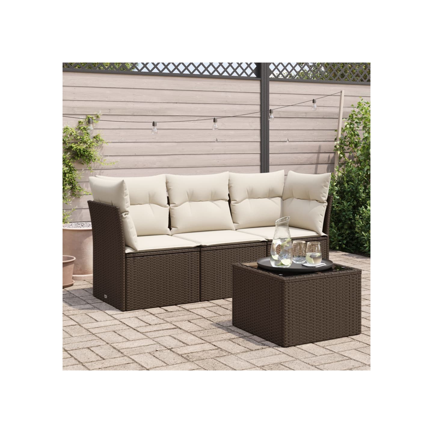 Salon de jardin 4 pcs avec coussins marron résine tressée