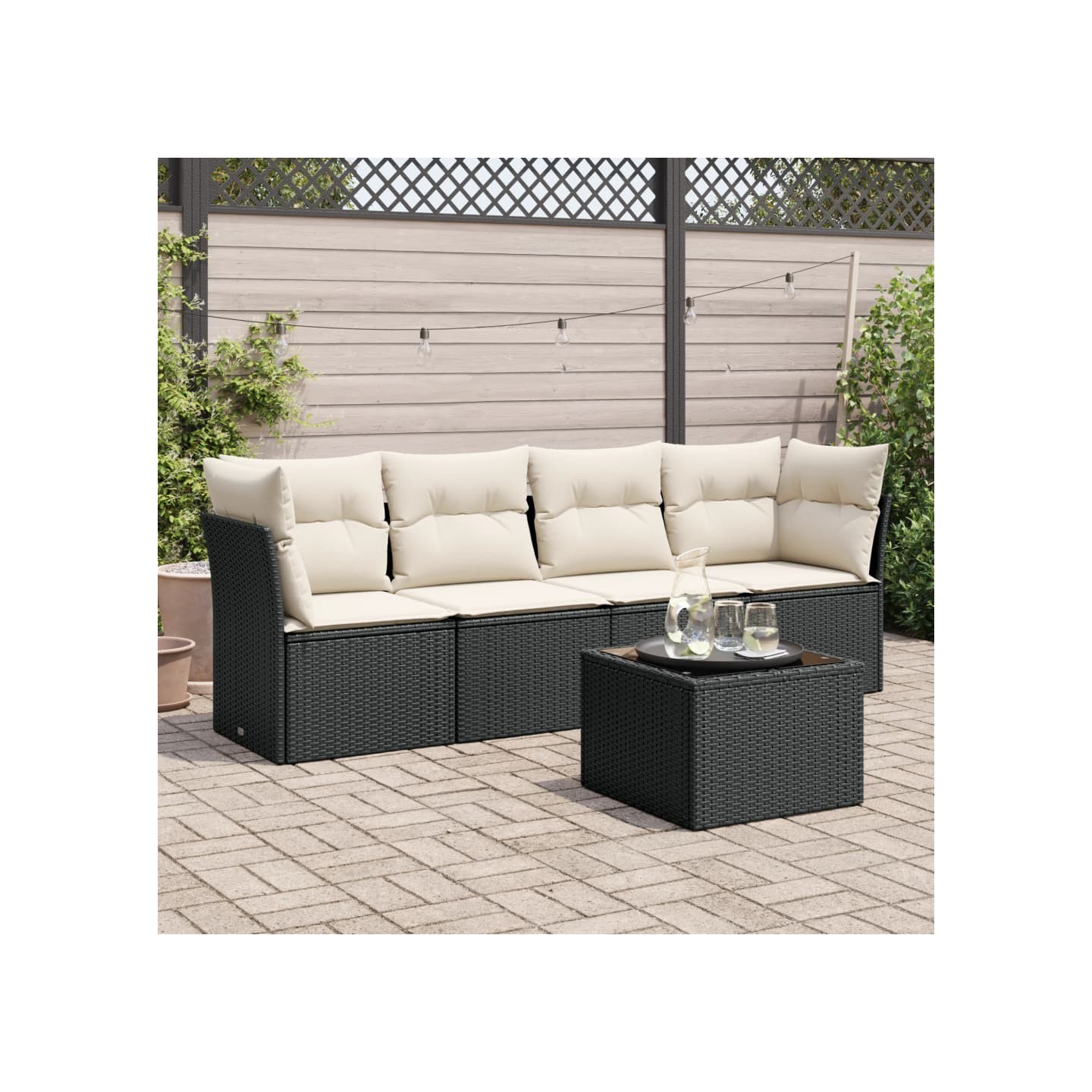 Salon de jardin 5 pcs avec coussins noir résine tressée