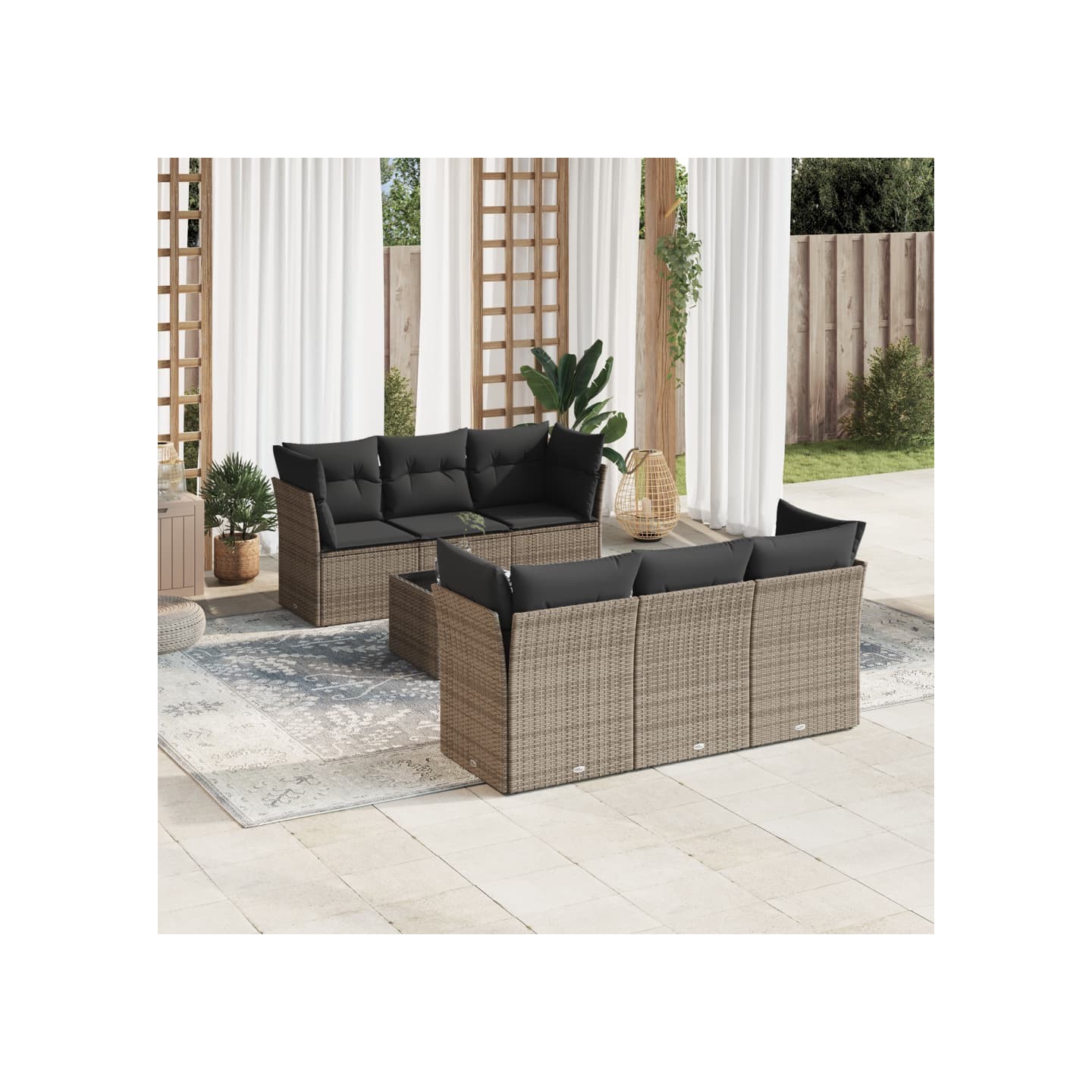 Salon de jardin avec coussins 7 pcs gris résine tressée