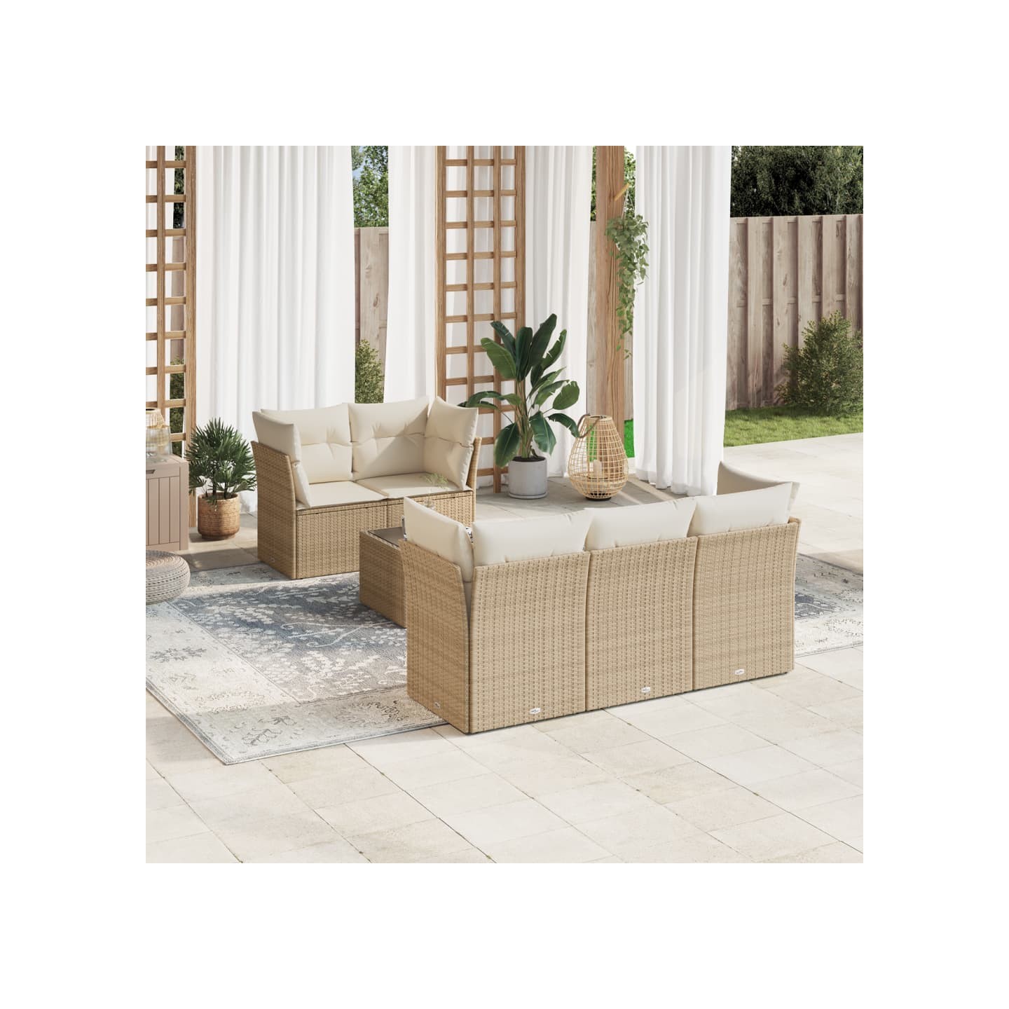 Salon de jardin avec coussins 6 pcs beige résine tressée