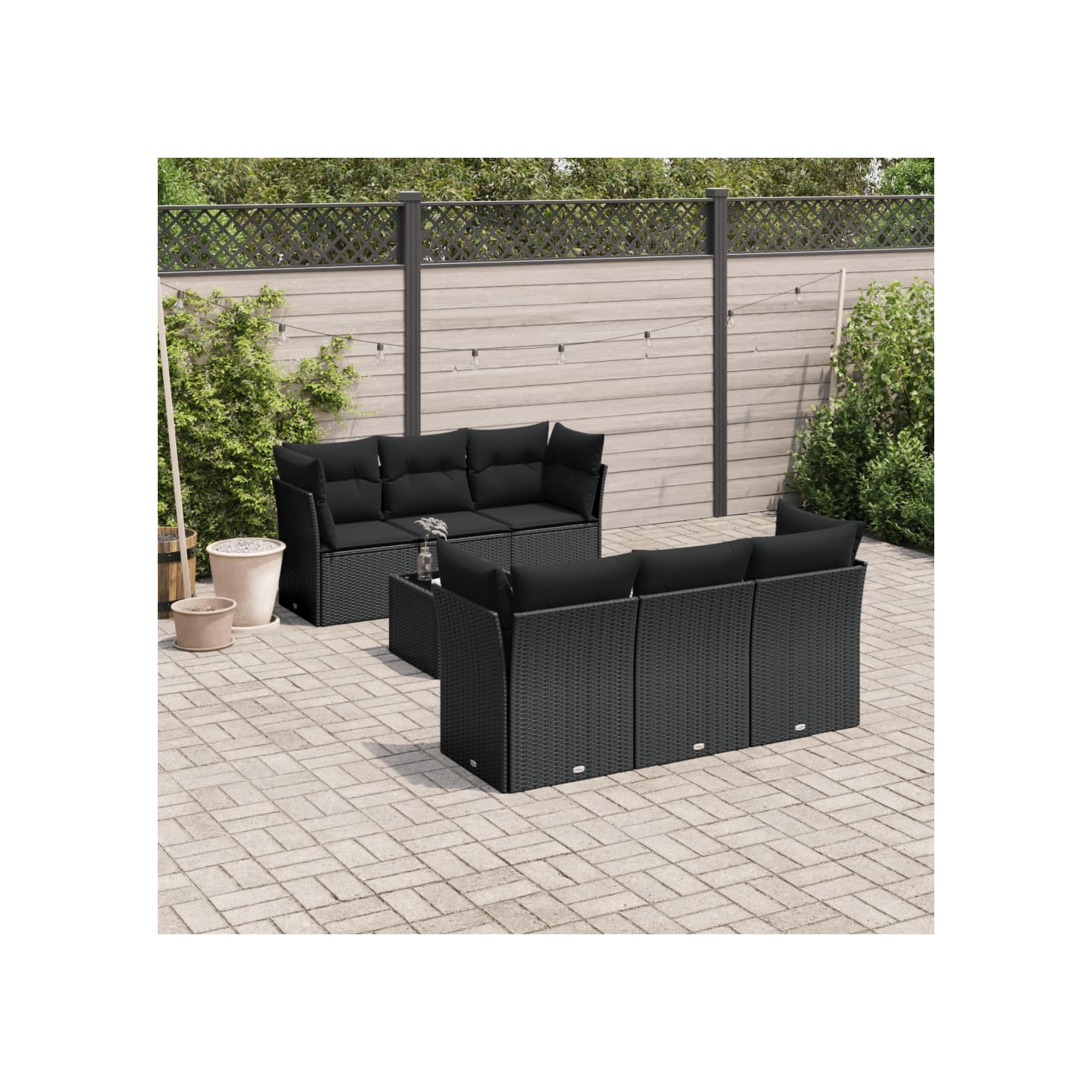 Salon de jardin 7 pcs avec coussins noir résine tressée