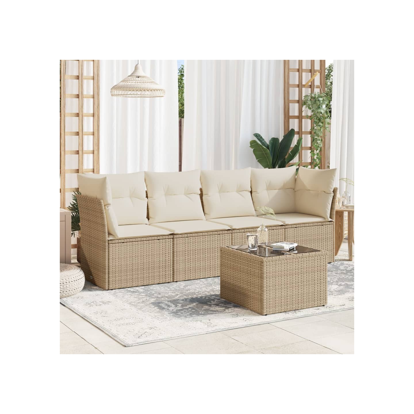 Salon de jardin avec coussins 5 pcs beige résine tressée