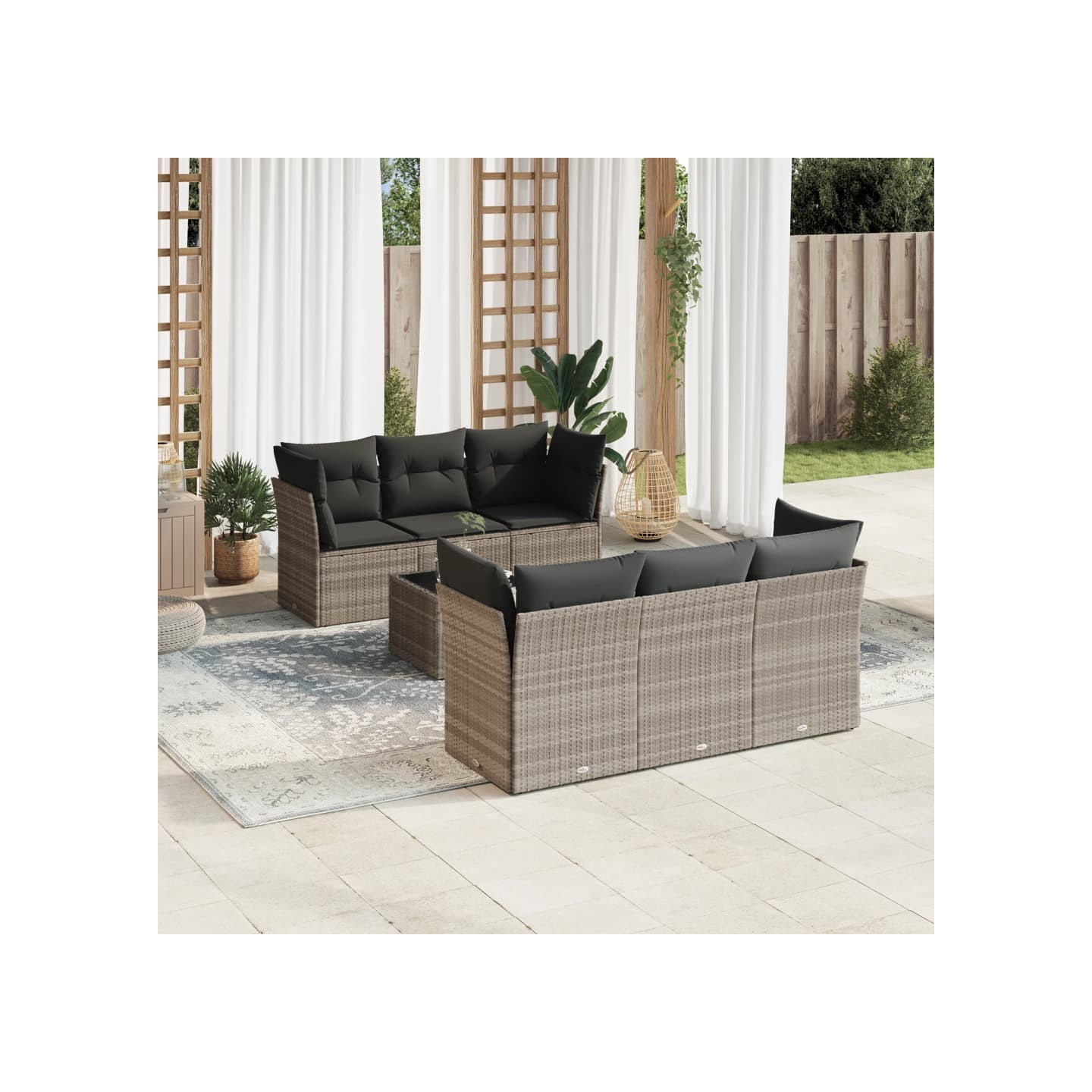 Salon de jardin avec coussins 7 pcs gris clair résine tressée