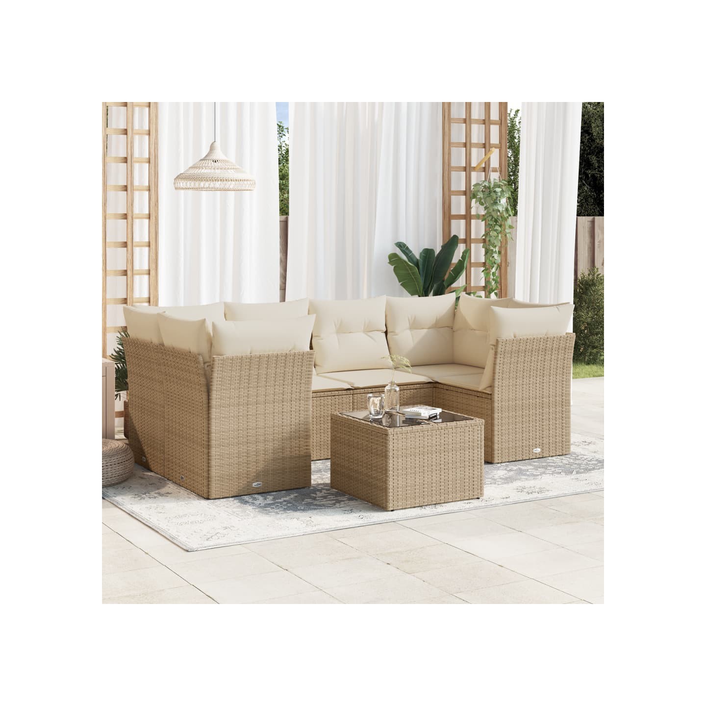 Salon de jardin avec coussins 7 pcs beige résine tressée
