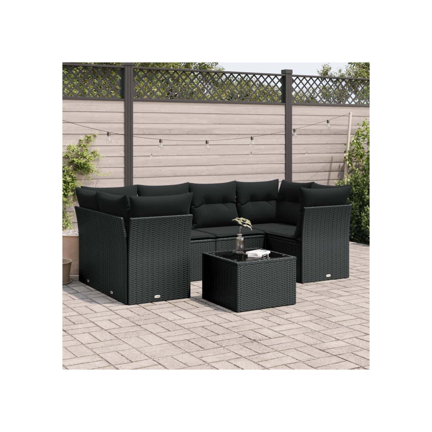 Salon de jardin 7 pcs avec coussins noir résine tressée