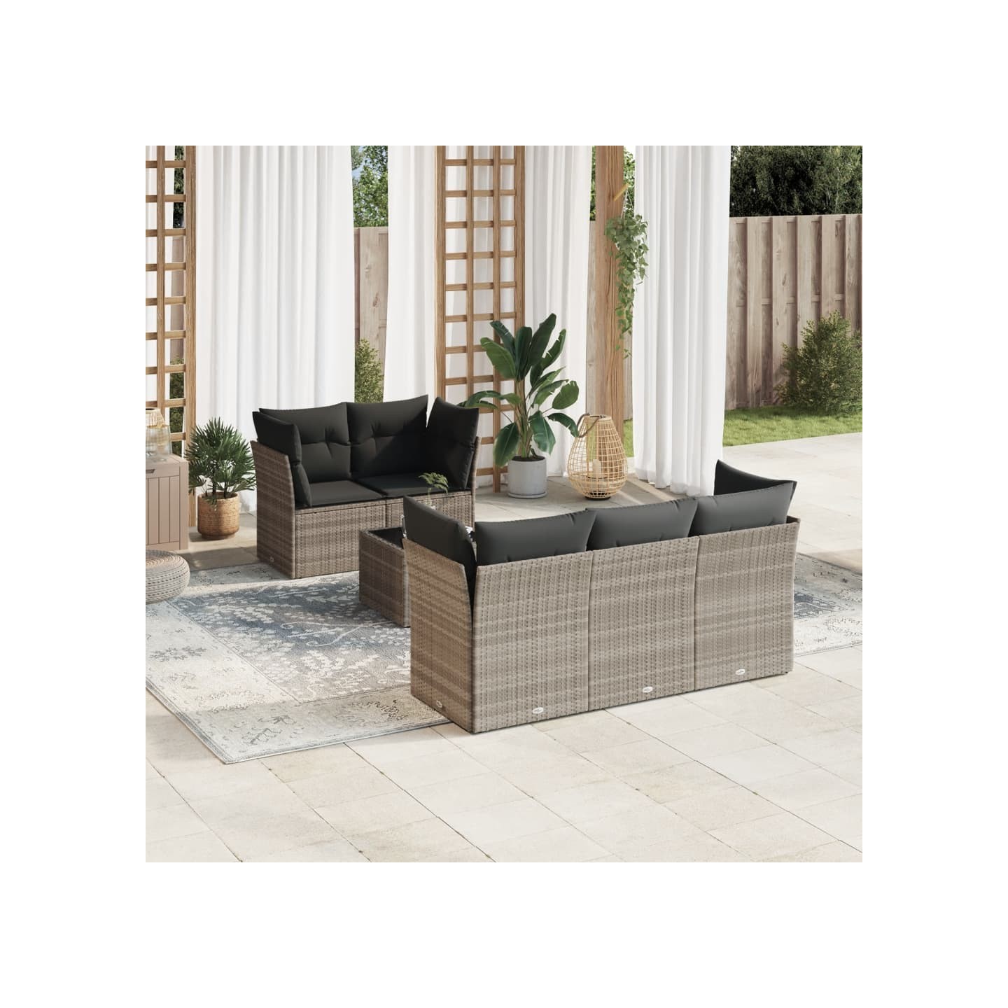 Salon de jardin 6 pcs avec coussins gris clair résine tressée