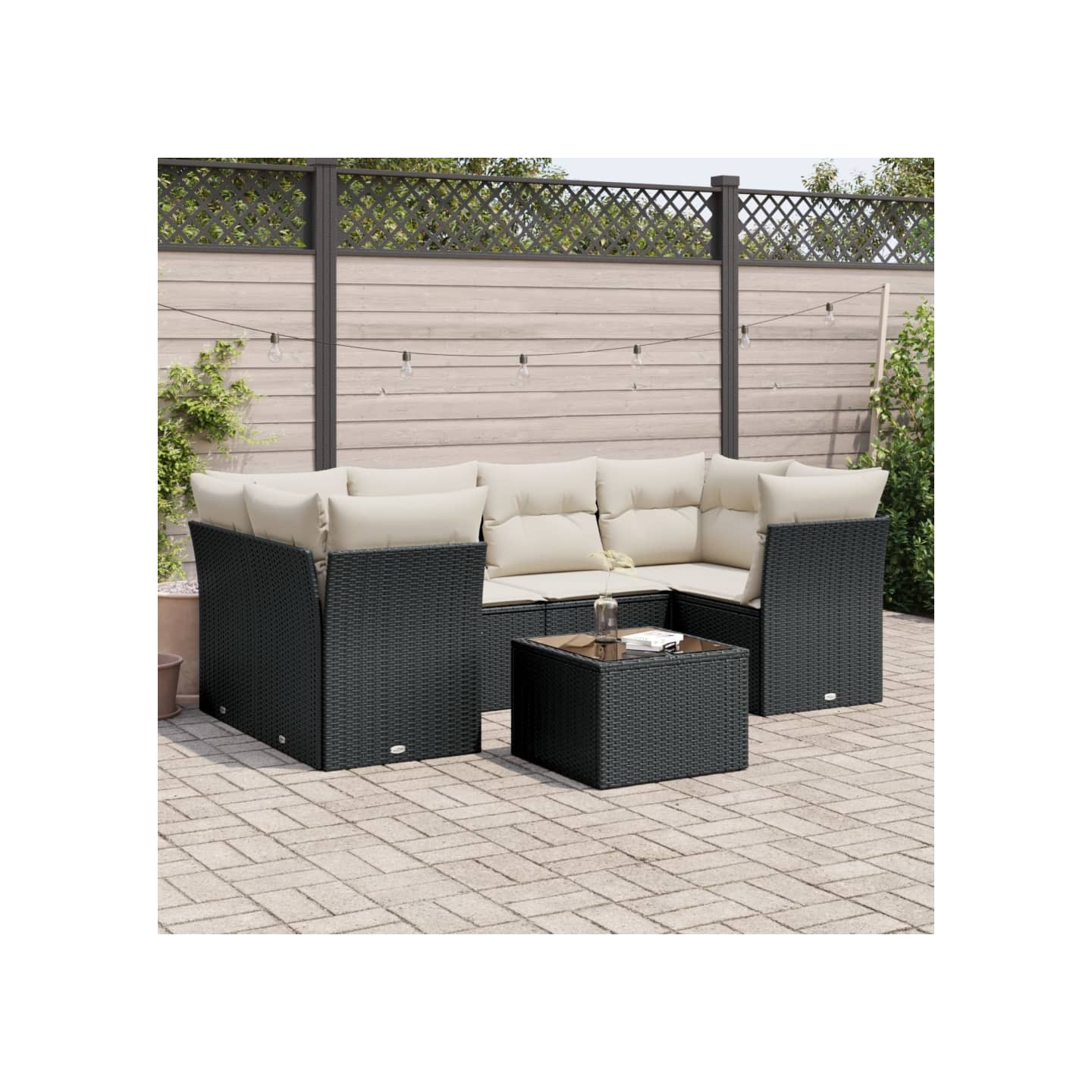 Salon de jardin 7 pcs avec coussins noir résine tressée