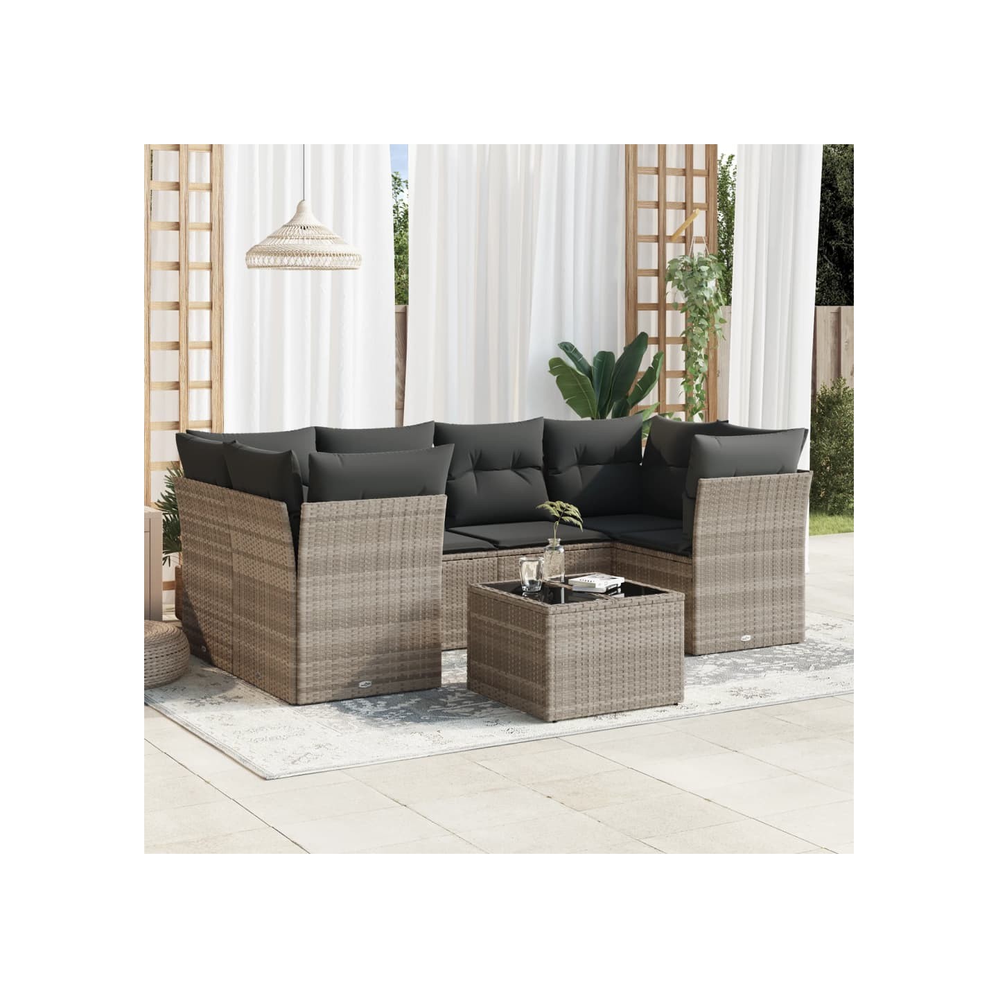 Salon de jardin avec coussins 7 pcs gris clair résine tressée