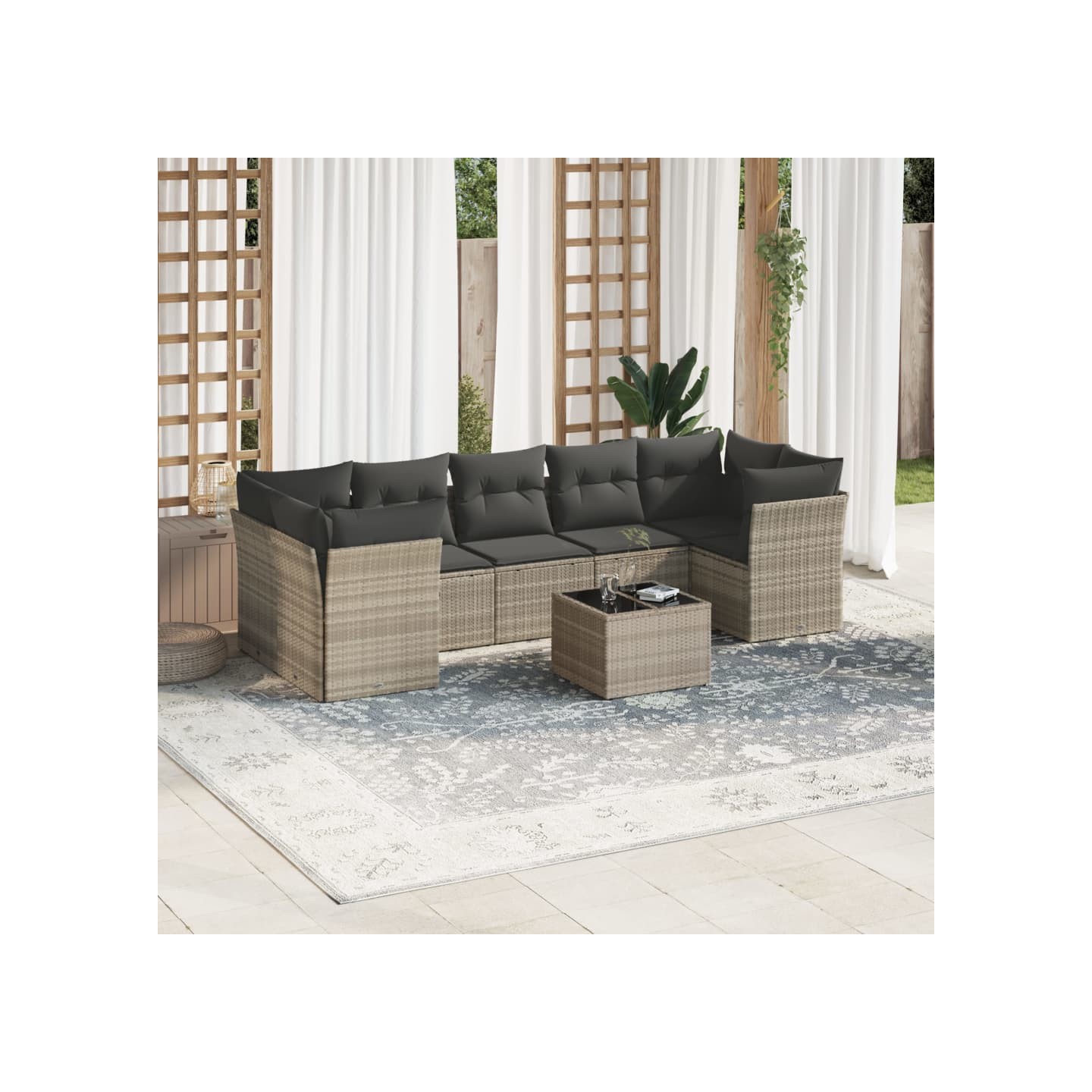 Salon de jardin 8 pcs avec coussins gris clair résine tressée