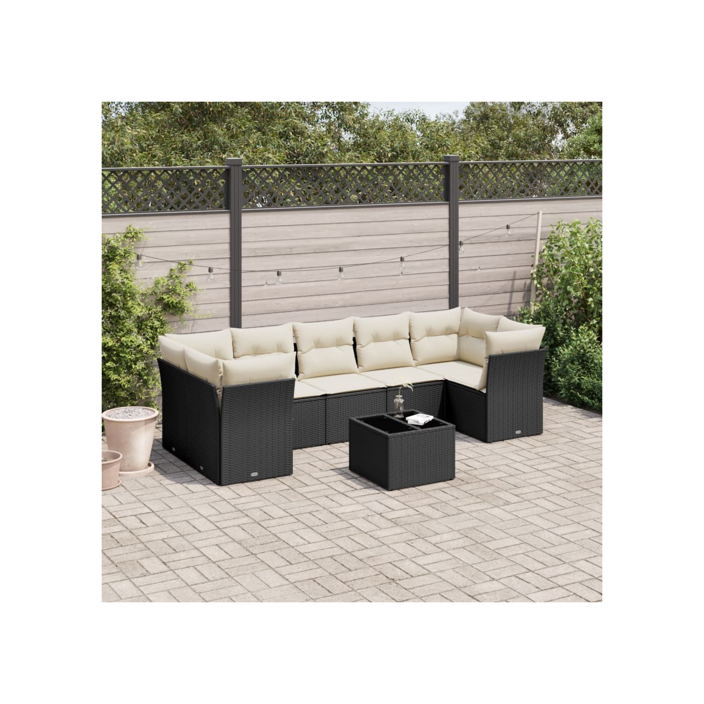 Salon de jardin 8 pcs avec coussins noir résine tressée