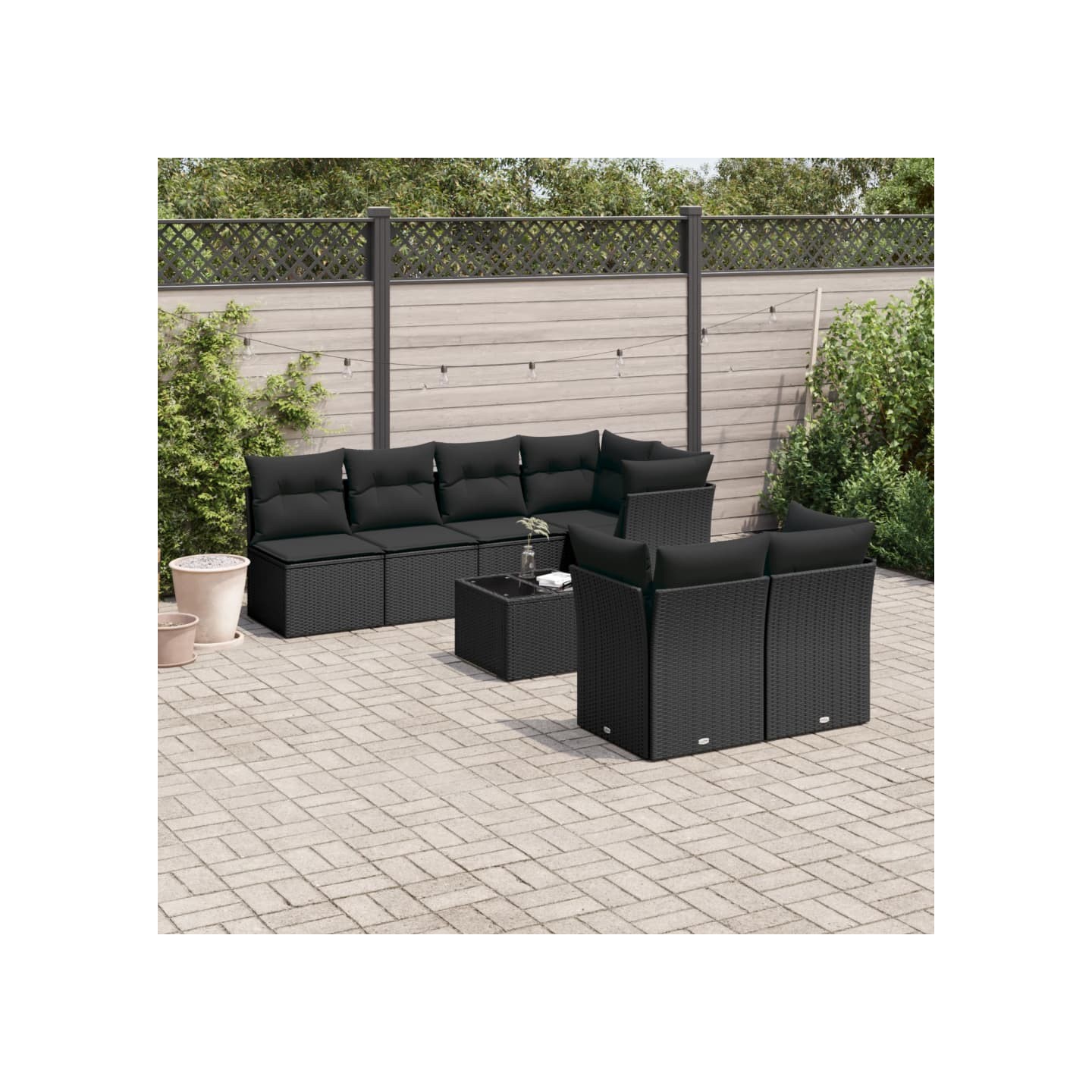 Salon de jardin 8 pcs avec coussins noir résine tressée