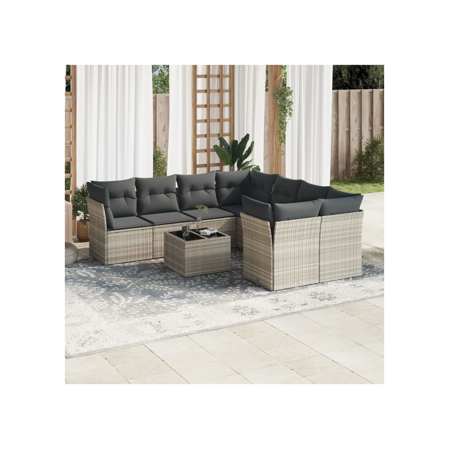 Salon de jardin 9 pcs avec coussins gris clair résine tressée