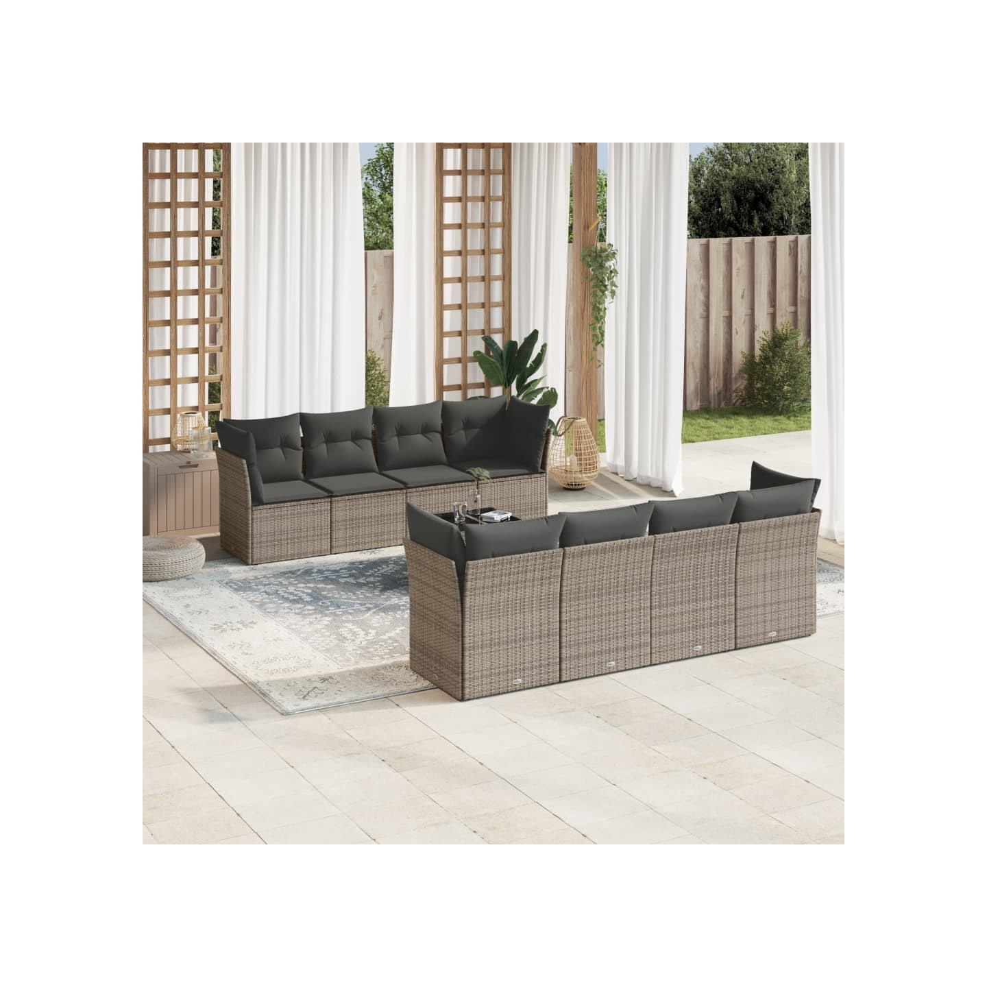 Salon de jardin 9 pcs avec coussins gris résine tressée