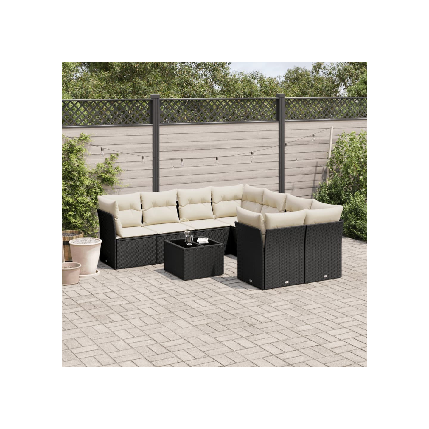 Salon de jardin 9 pcs avec coussins noir résine tressée