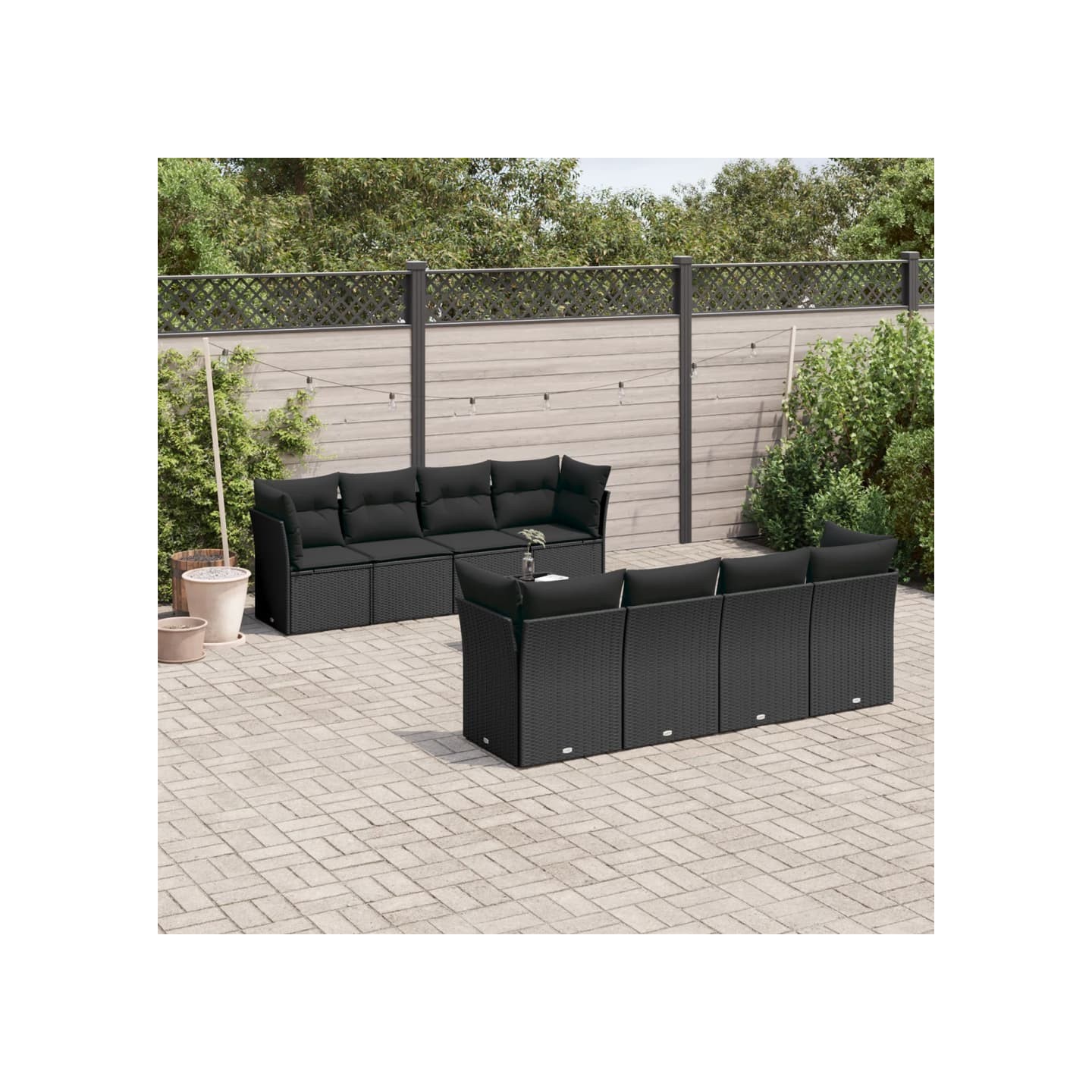 Salon de jardin 9 pcs avec coussins noir résine tressée