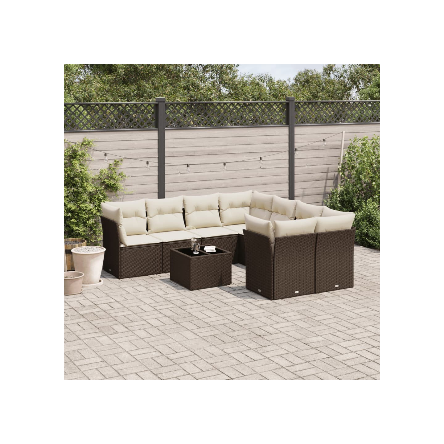 Salon de jardin avec coussins 9 pcs marron résine tressée