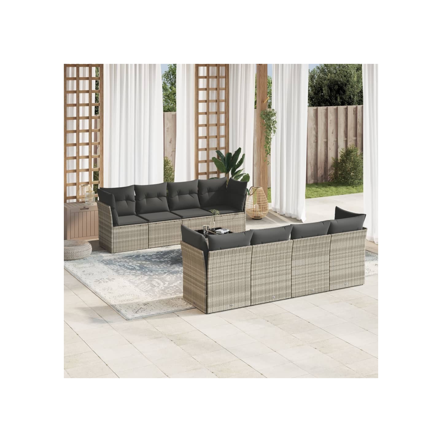 Salon de jardin 9 pcs avec coussins gris clair résine tressée