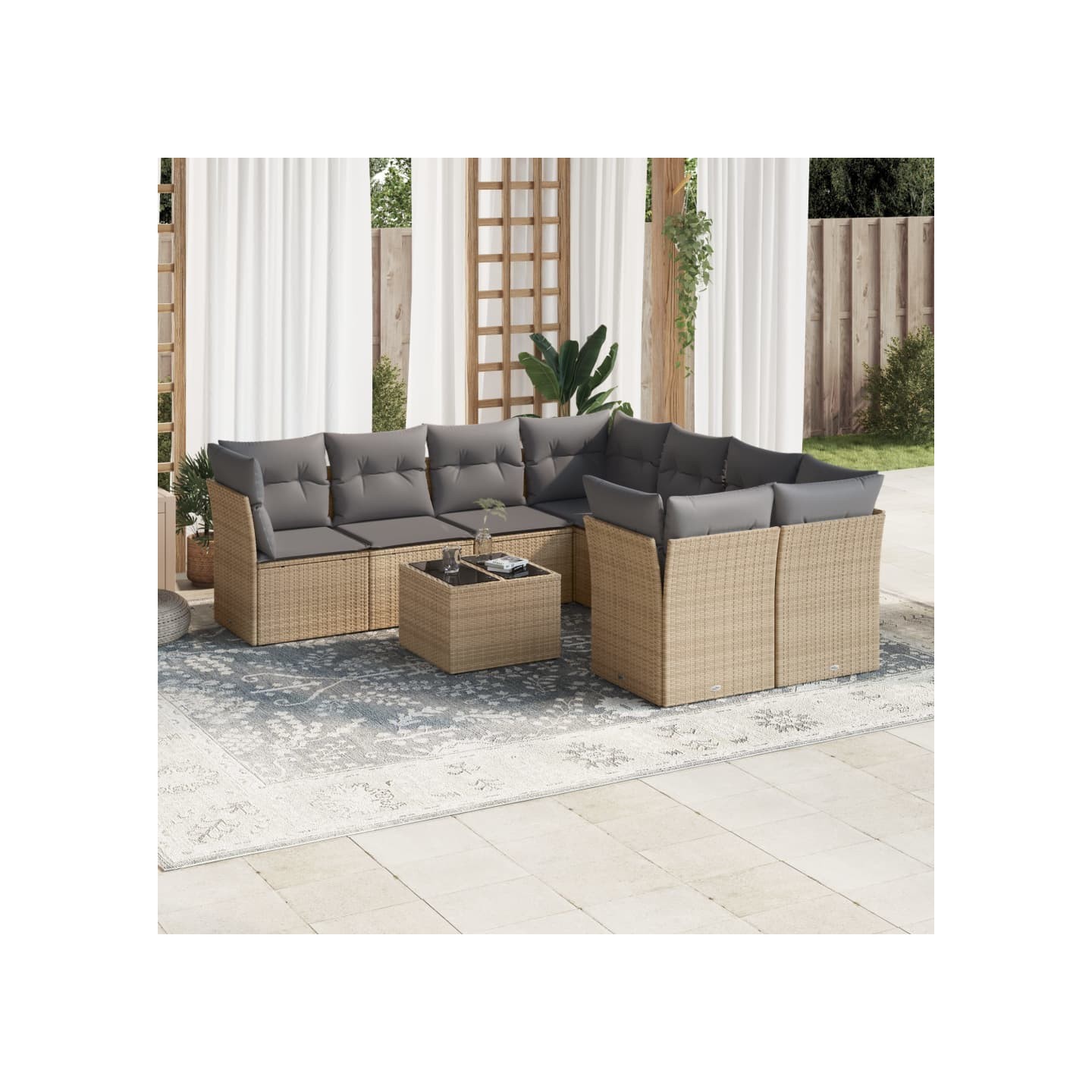 Salon de jardin avec coussins 9 pcs beige résine tressée