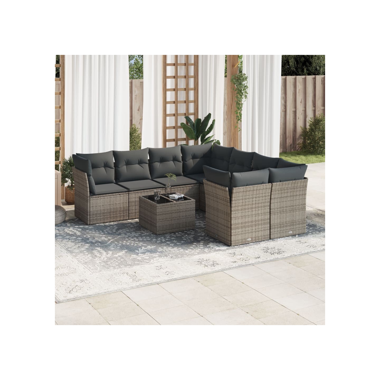 Salon de jardin 9 pcs avec coussins gris résine tressée