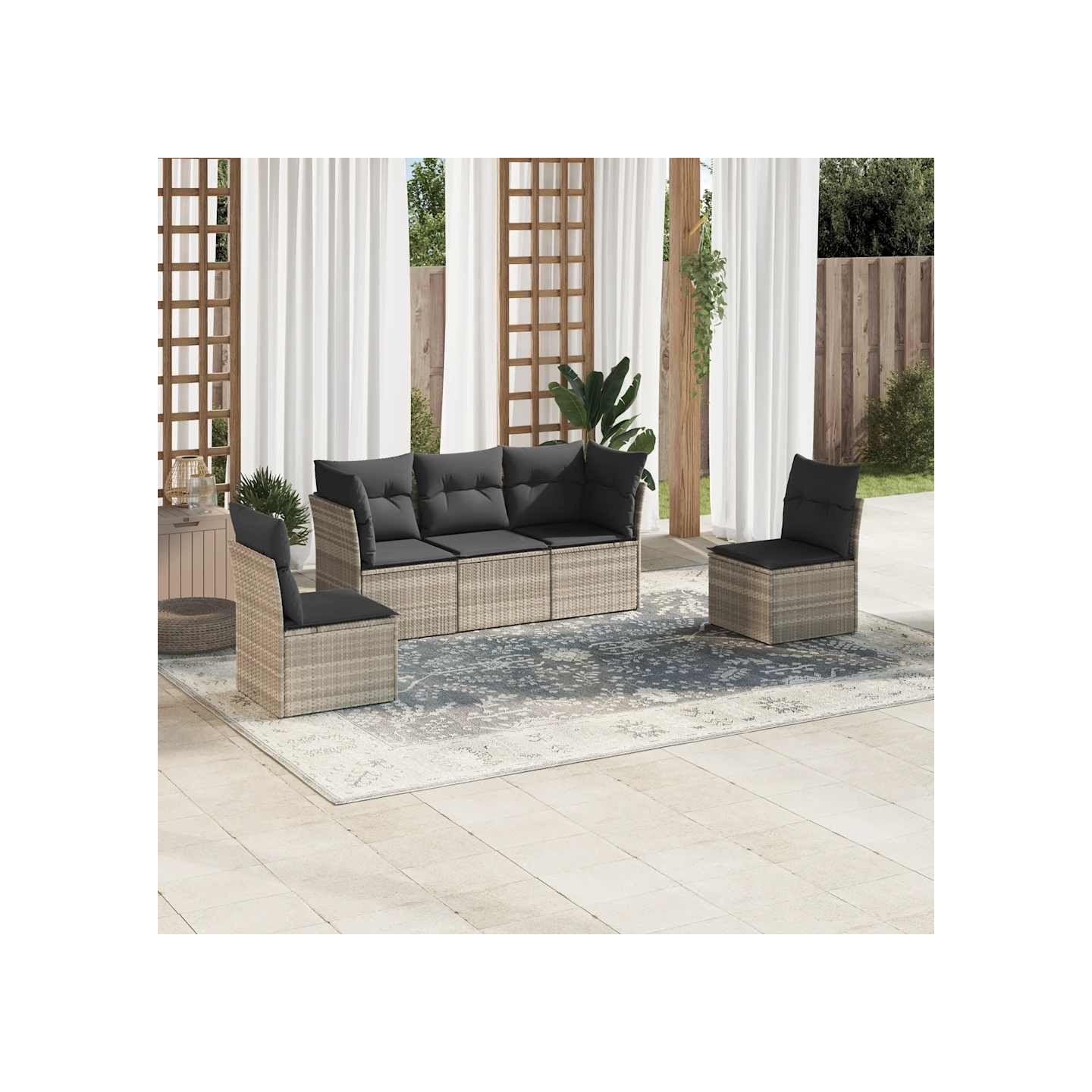 Salon de jardin 5 pcs avec coussins gris clair résine tressée