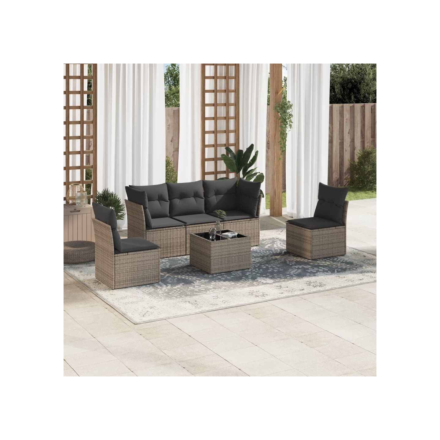 Salon de jardin 6 pcs avec coussins gris résine tressée