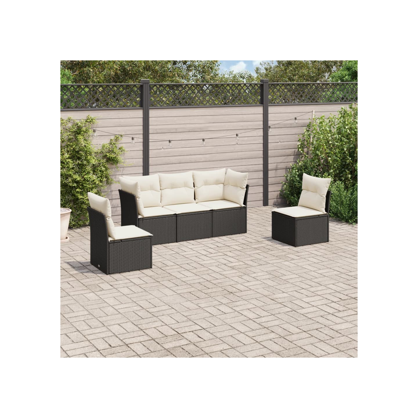Salon de jardin 5 pcs avec coussins noir résine tressée