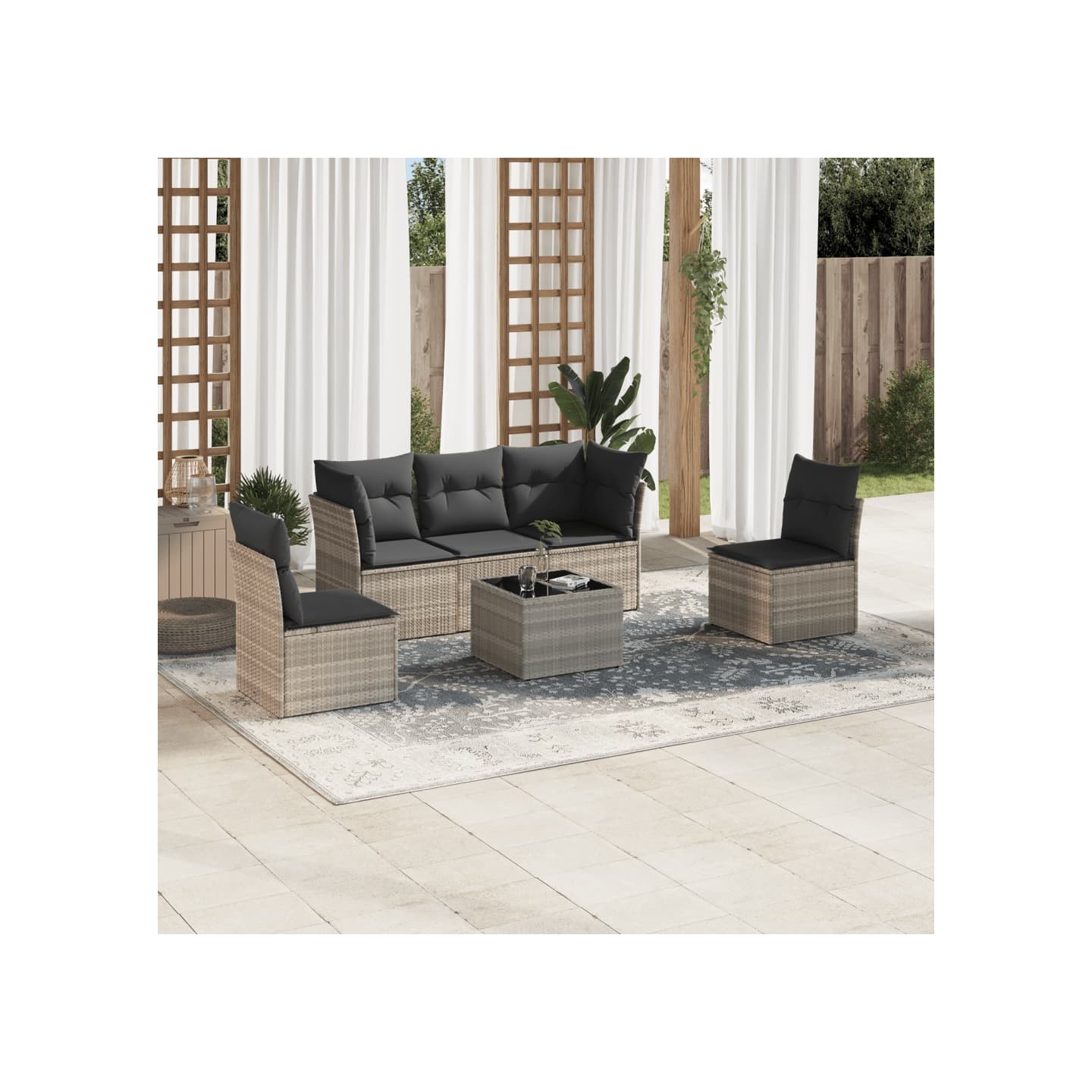Salon de jardin 6 pcs avec coussins gris clair résine tressée