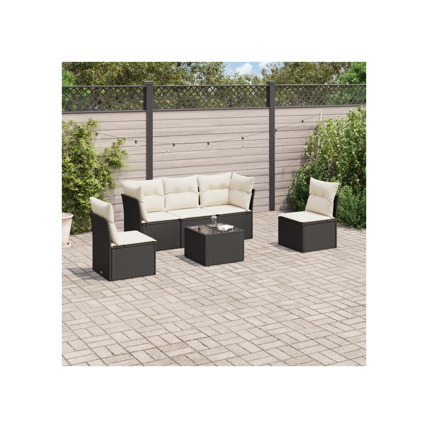 Salon de jardin 6 pcs avec coussins noir résine tressée