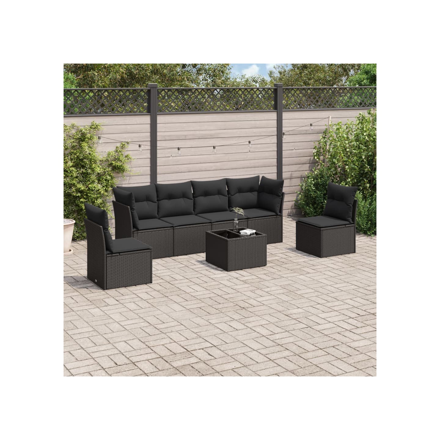 Salon de jardin 7 pcs avec coussins noir résine tressée