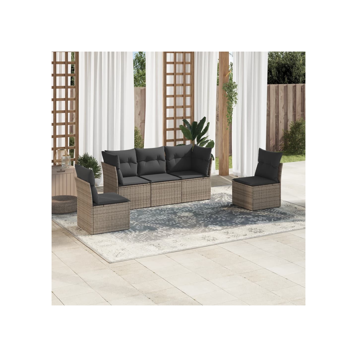 Salon de jardin 5 pcs avec coussins gris résine tressée