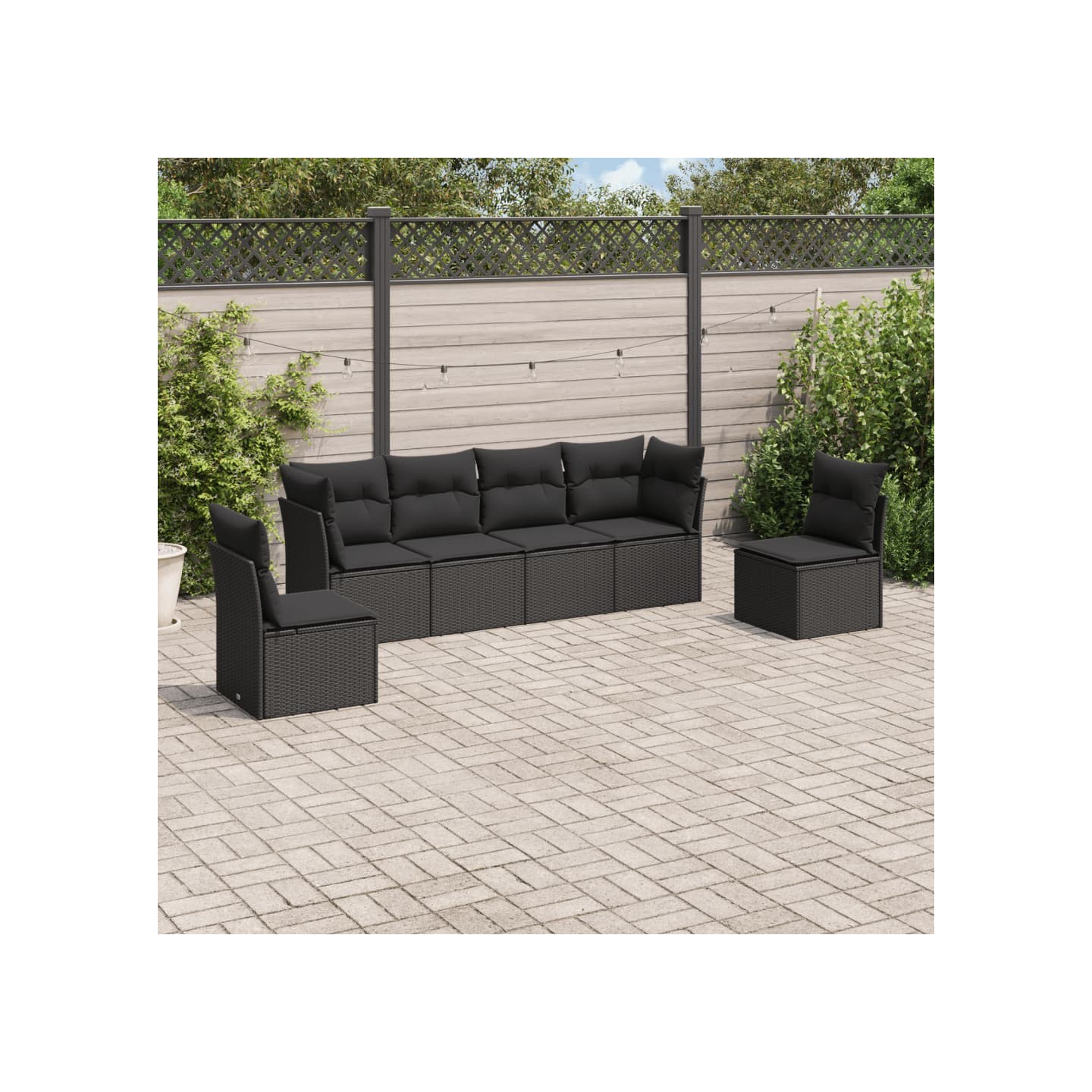 Salon de jardin 6 pcs avec coussins noir résine tressée