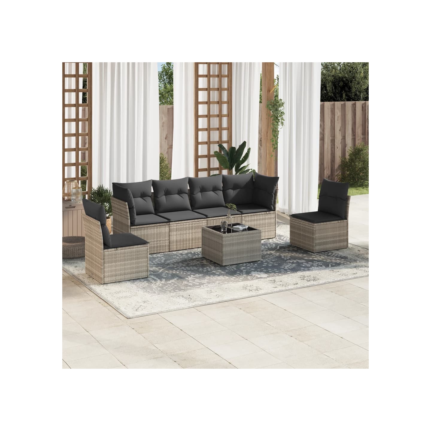 Salon de jardin avec coussins 7 pcs gris clair résine tressée