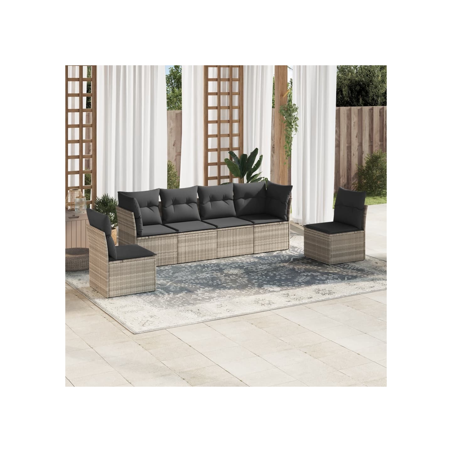 Salon de jardin 6 pcs avec coussins gris clair résine tressée