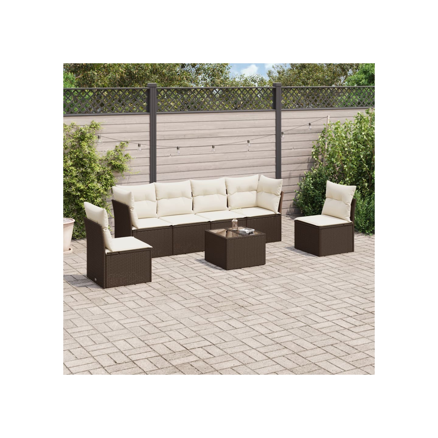 Salon de jardin avec coussins 7 pcs marron résine tressée
