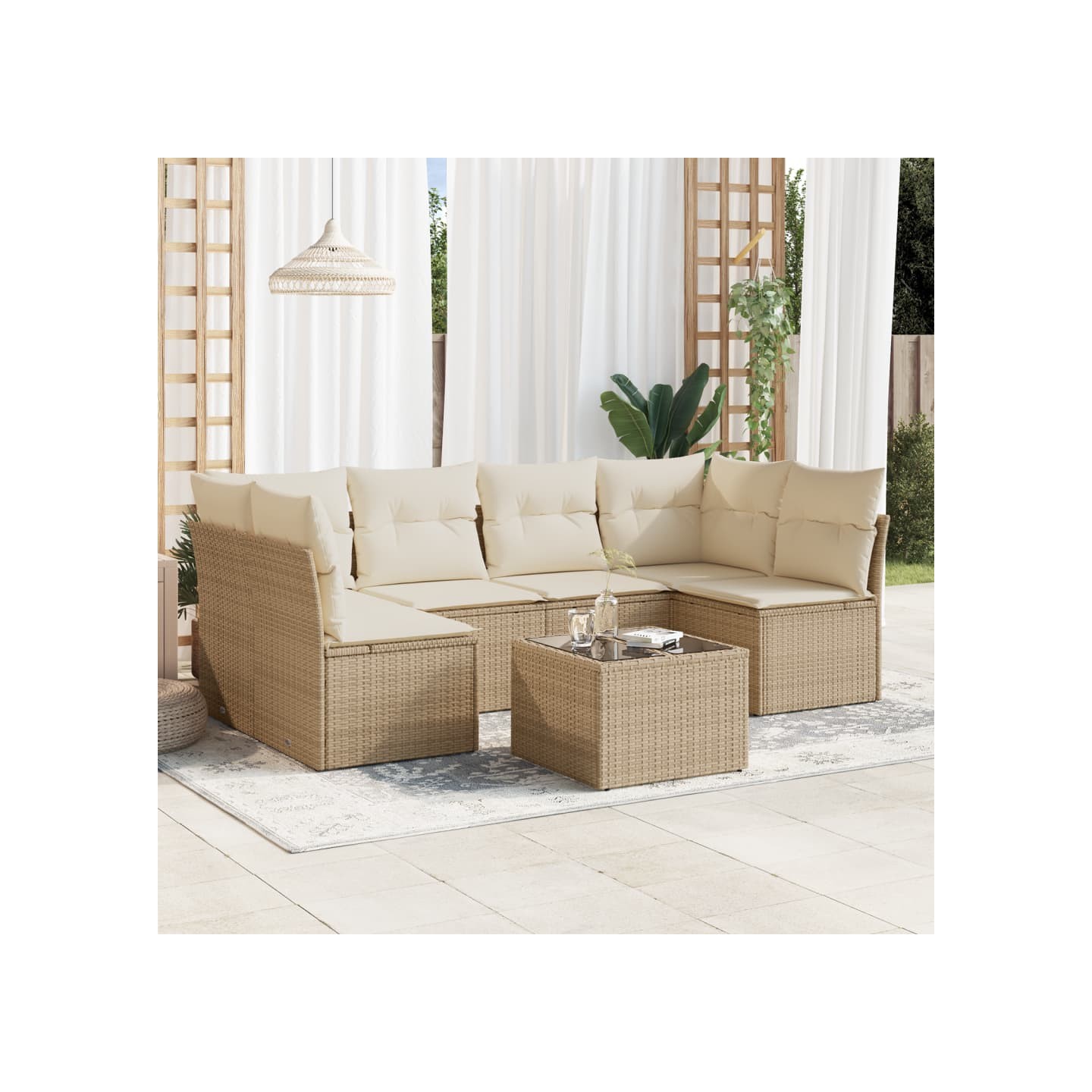 Salon de jardin avec coussins 7 pcs beige résine tressée