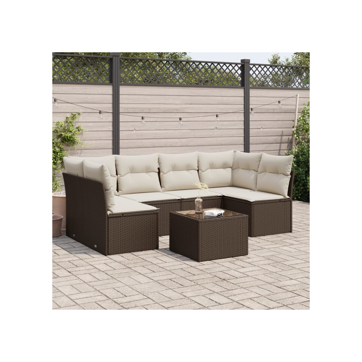 Salon de jardin avec coussins 7 pcs marron résine tressée