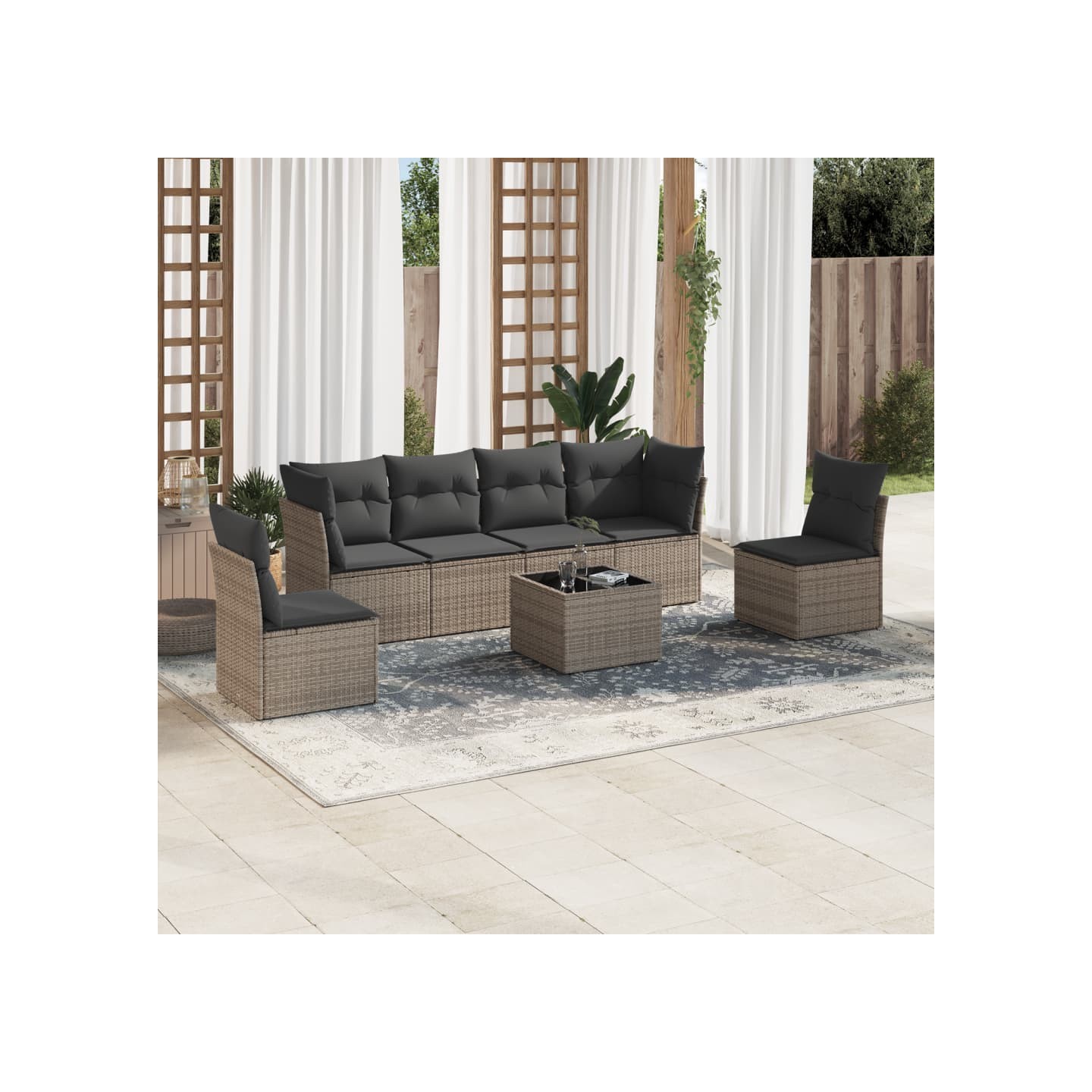 Salon de jardin avec coussins 7 pcs gris résine tressée