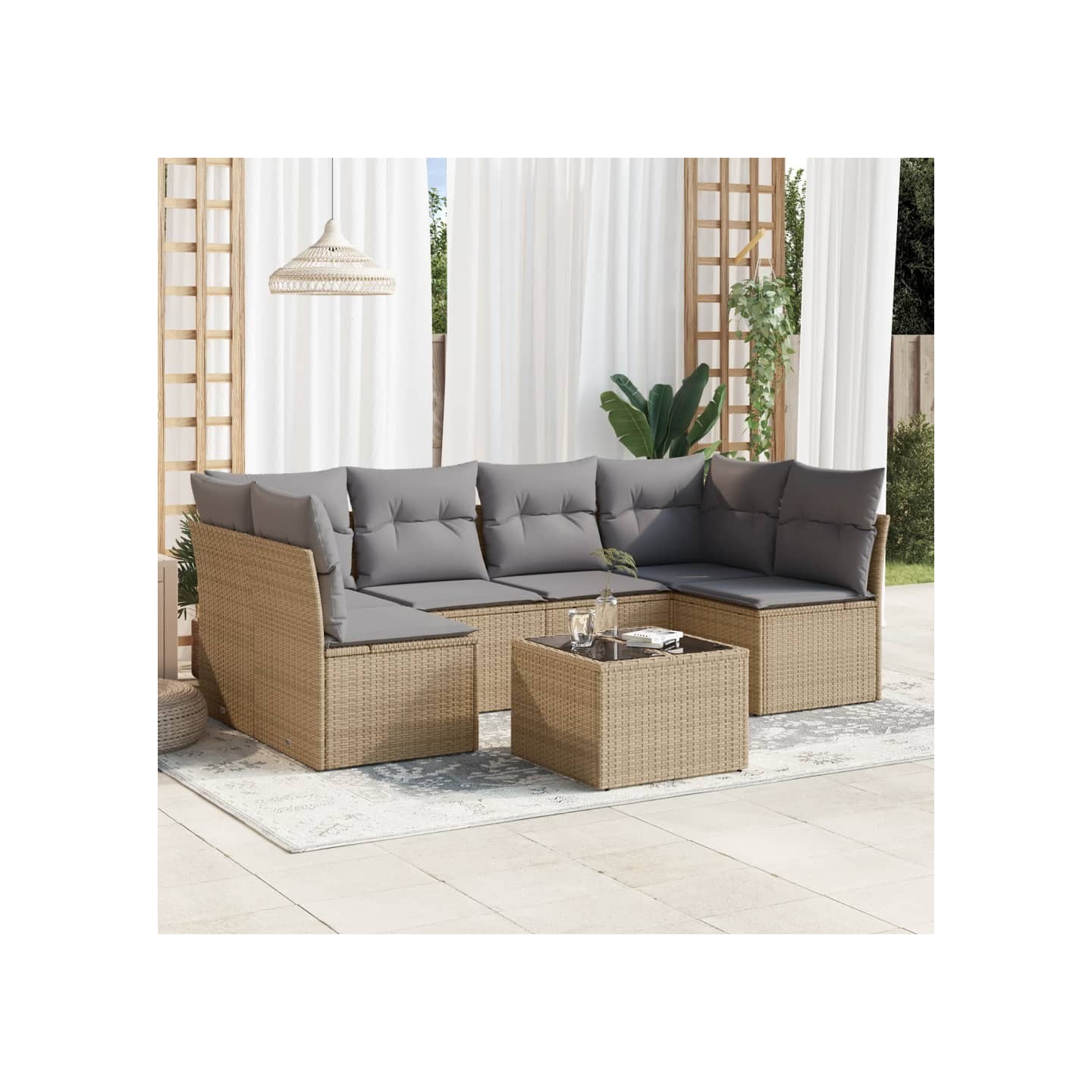 Salon de jardin avec coussins 7 pcs beige résine tressée