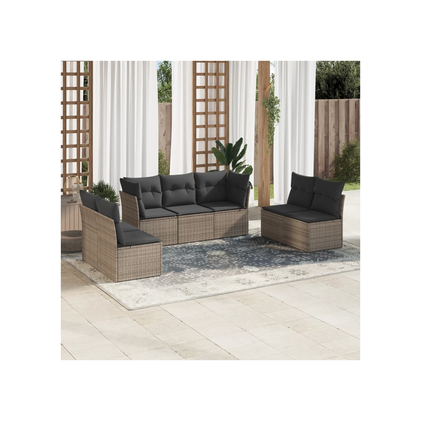 Salon de jardin avec coussins 7 pcs gris résine tressée