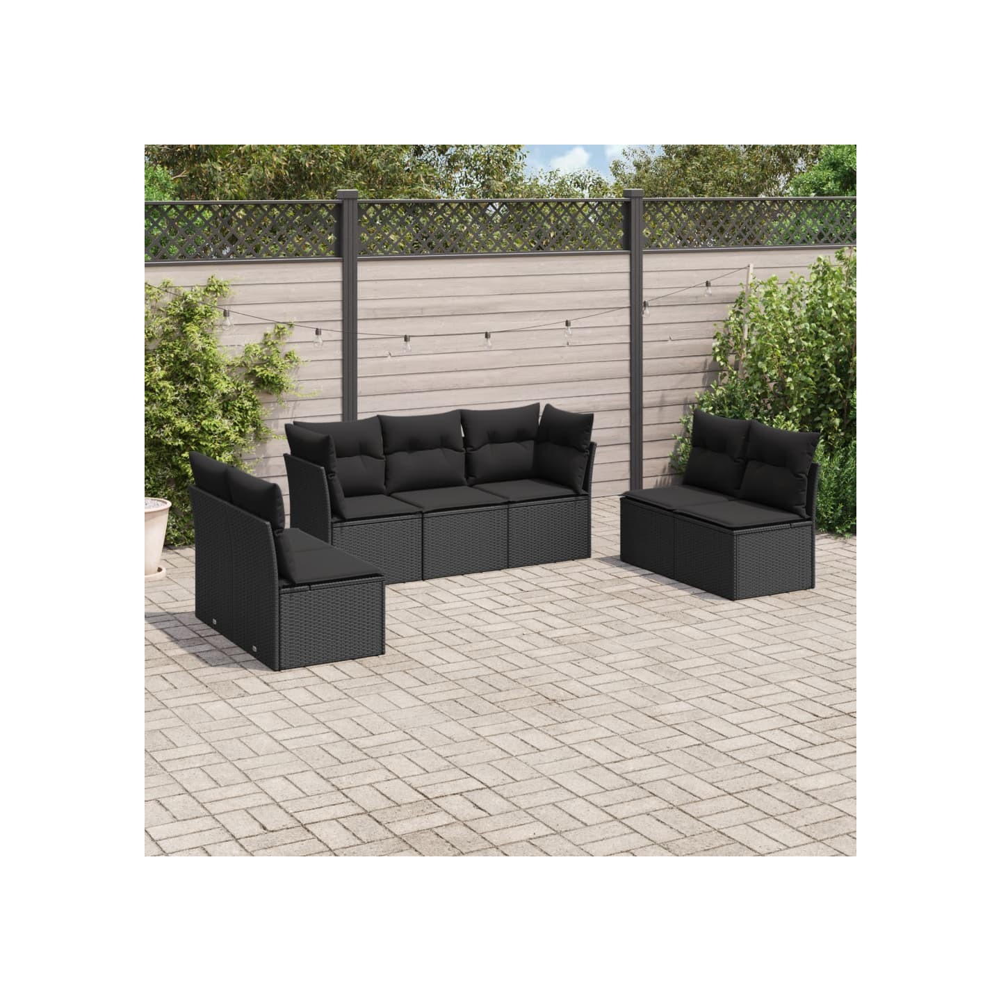Salon de jardin 7 pcs avec coussins noir résine tressée