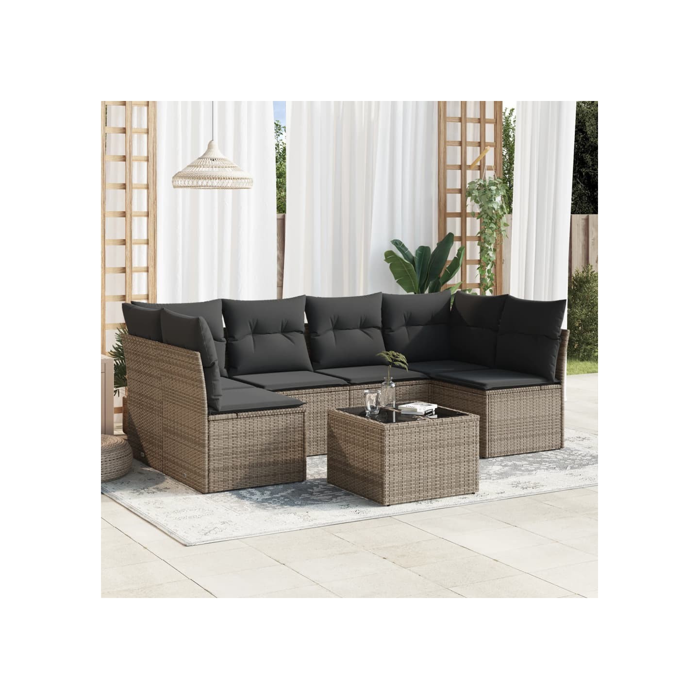 Salon de jardin avec coussins 7 pcs gris résine tressée